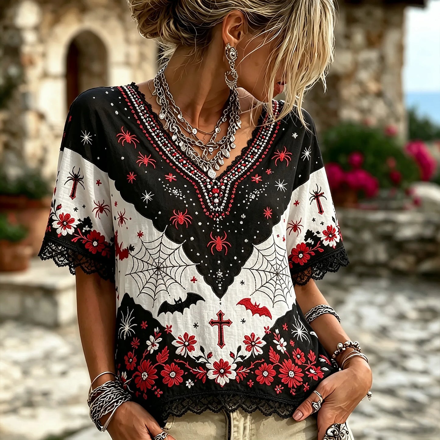 Vintage Gothic Spider Bat Cross Embroidery V Neck Short Sleeve Top