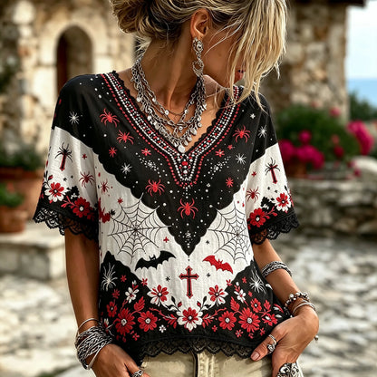 Vintage Gothic Spider Bat Cross Embroidery V Neck Short Sleeve Top