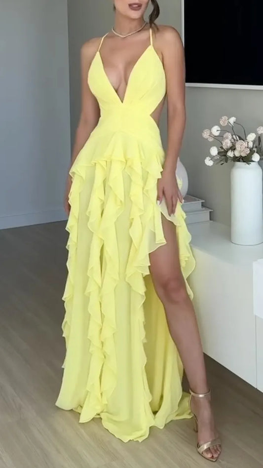 Women's Yellow Deep V-Back Ruffle Slit Maxi Dress