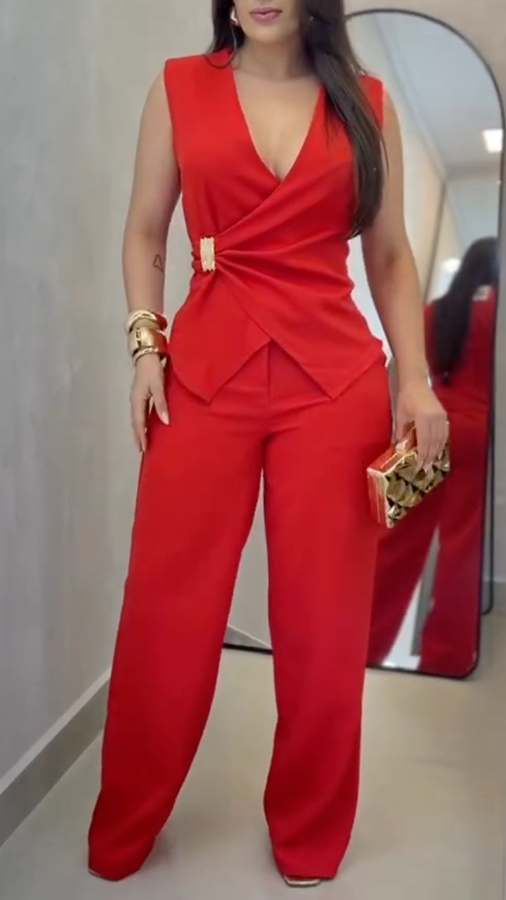Sleeveless Wrap Front Top and Wide Leg Pants Setet