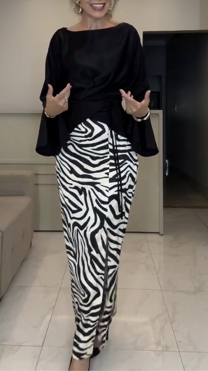 Black Satin Blouse with Zebra Print Maxi Skirt Set
