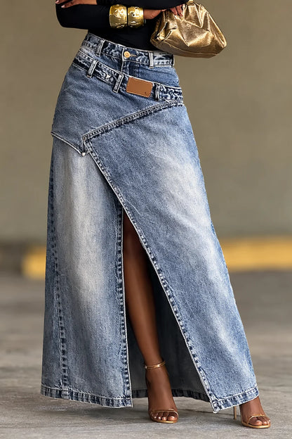 High Waist Asymmetric Wrap Denim Maxi Skirt