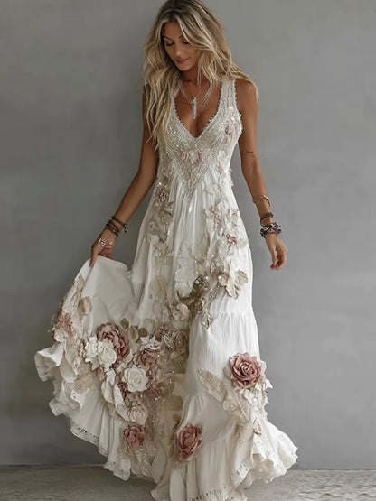 Women's Floral Art Print Flowy Linen Blend Casual Tank Maxi Dress