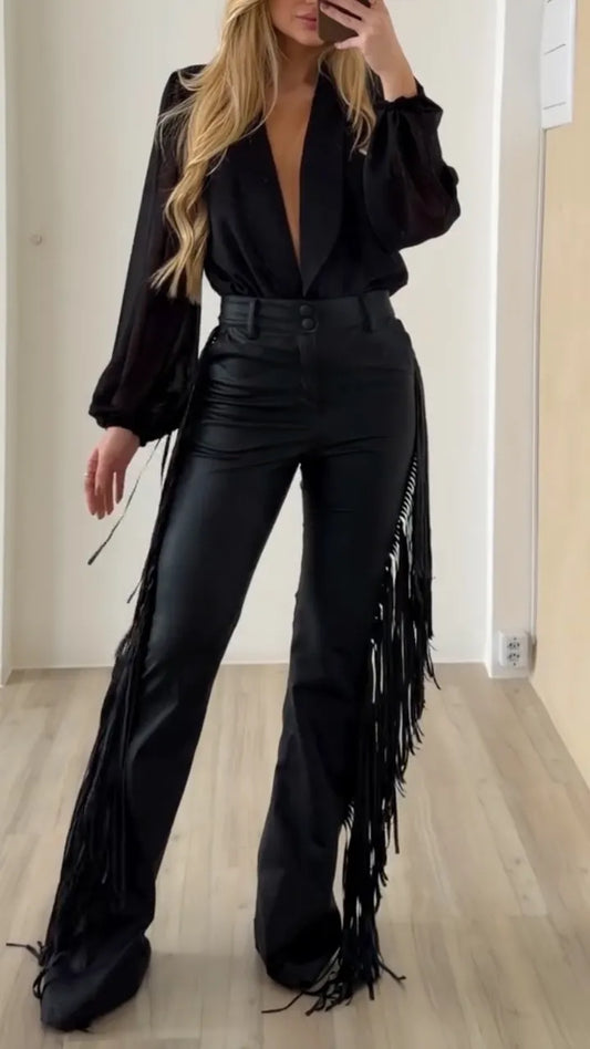 Black Fringe Faux Leather Flare Pants