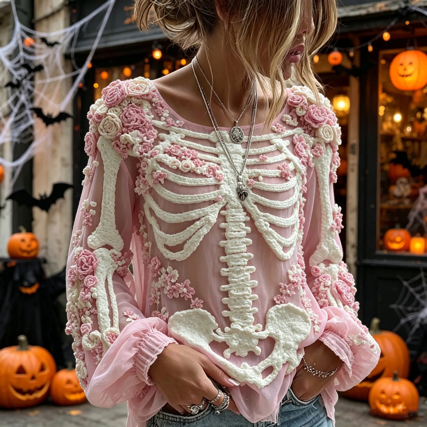 Women's Vintage Skeleton Pattern Rose Linen Blend Art Long Sleeve T-shirt