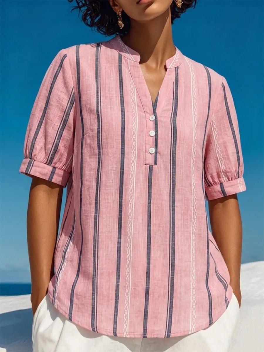 Vertical-striped, Mandarin-collar, Short-sleeve Slub Linen Top With A Small V-neck And Partial Button Placket