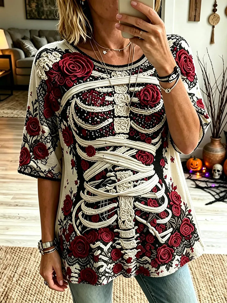 Women's Retro Halloween Bloody Human Skeleton With Floral Art Casual Tops