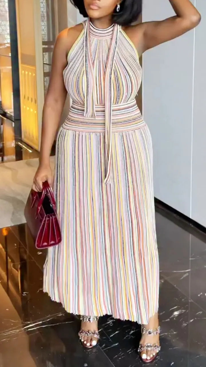 Multicolor Halter Neck Pleated Maxi Dress