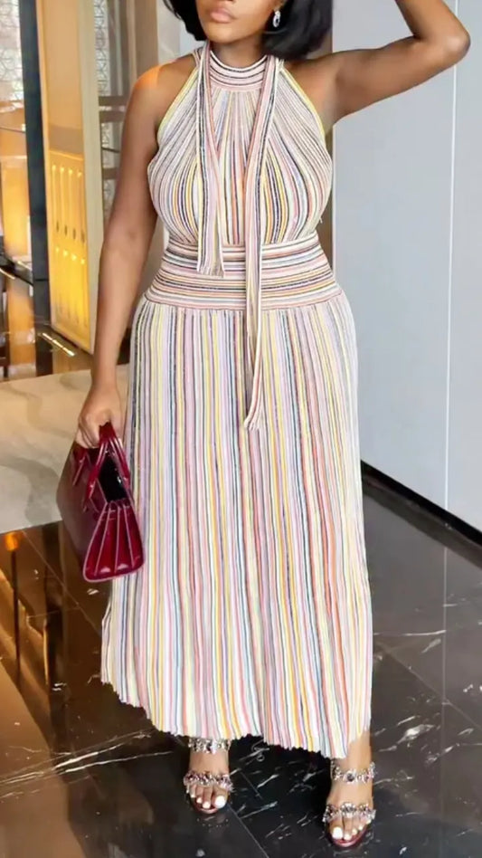 Multicolor Halter Neck Pleated Maxi Dress