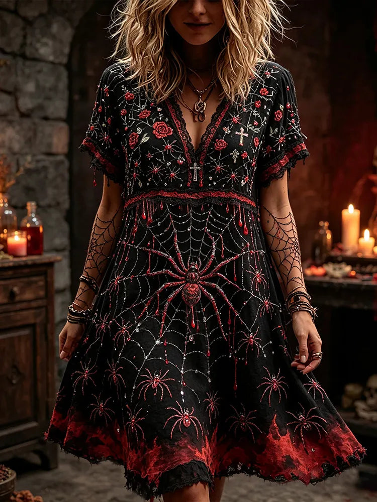 Women's Halloween Floral And Spider Art Dark V-neck Short Sleeve Dress