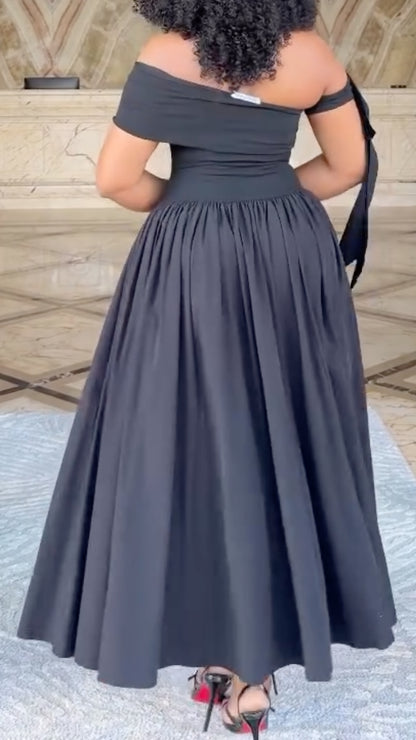 Off Shoulder Bow Sleeve High Waist Full Skirt Midi Formal Party Dress