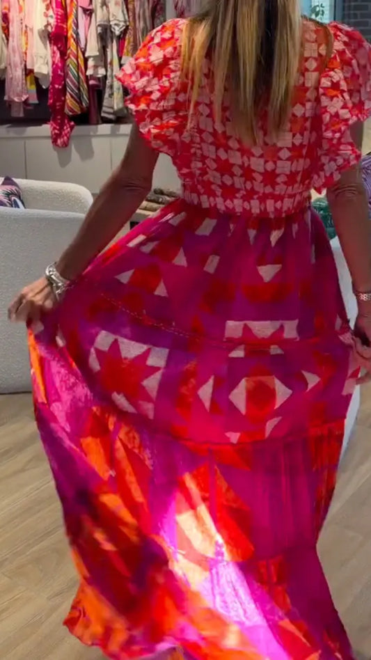 Geometric Print Tiered Maxi Dress