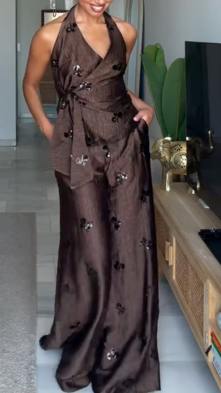 Satin Halter Top & Floral Sequin Wide Leg Pants Co‑Ord Set
