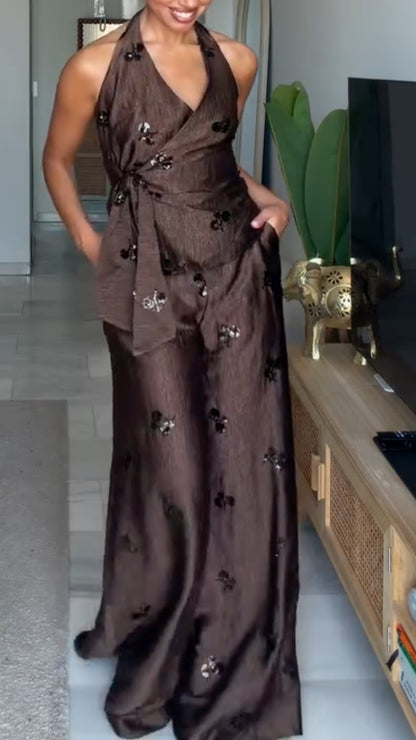 Satin Halter Top & Floral Sequin Wide Leg Pants Co‑Ord Set