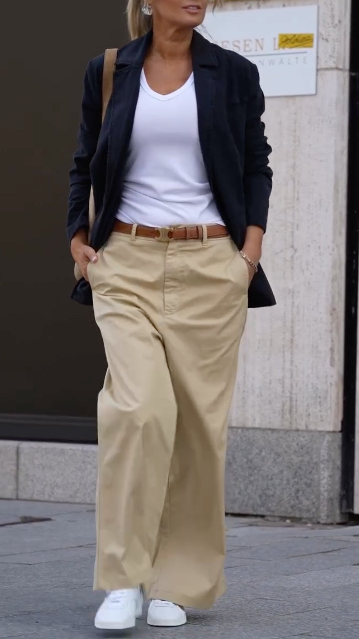 Navy Blazer & Khaki Wide‐Leg Trousers Matching Set