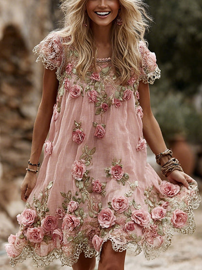 Women's Vintage Roses Lace Art  Flowy Linen Blend Casual Short Sleeve Mini Dress