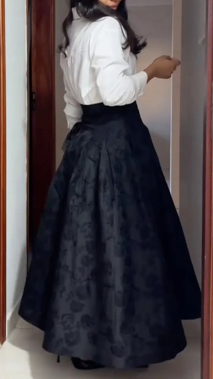 Black Textured Maxi Skirt and White Blouse Outfit
