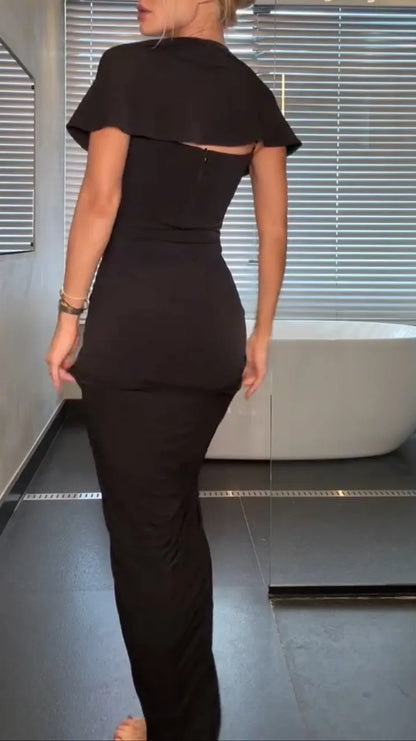 Black Ruched V-Neck Midi Dress