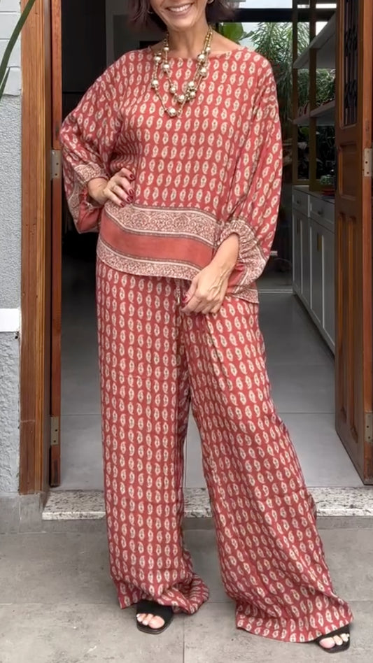 Print Batwing Sleeve Top & Wide Leg Pants Co‑Ord Set