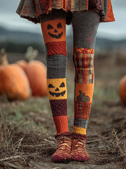 Women's Halloween Pumpkin Face Patchwork Art Casual Leggings