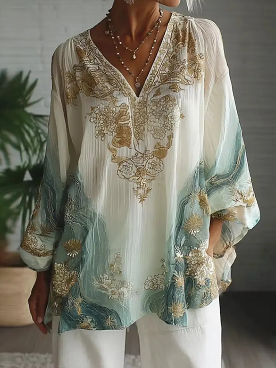 Ethereal Gold-Motif V-Neck Wave Print Tunic