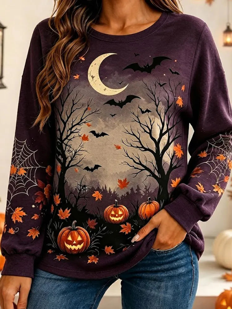 Women's Halloween Spooky Forest And Pumpkin Graphic Print Long-sleeve Sweatshirt