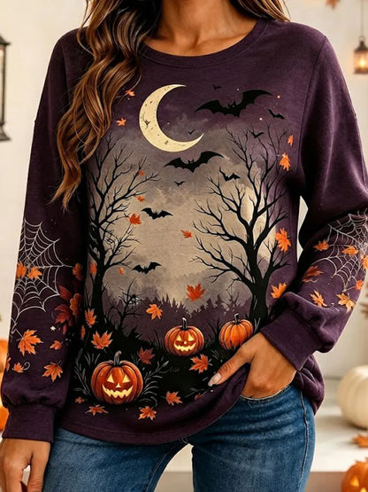 Women's Halloween Spooky Forest And Pumpkin Graphic Print Long-sleeve Sweatshirt