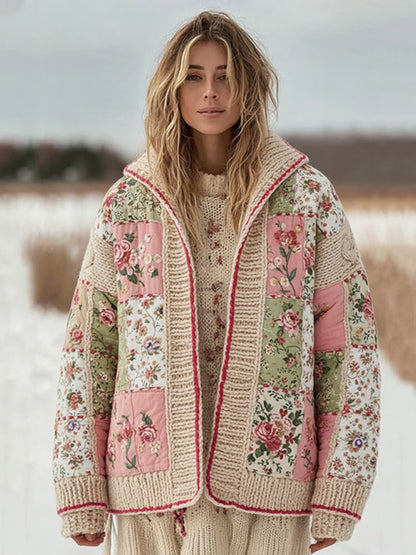 Women's Vintage Floral Patchwork Cozy Stand Collar Knit Sweater