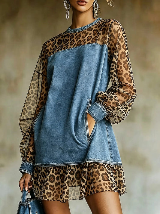 Women's Leopard Mesh Panel Denim Tunic Dress