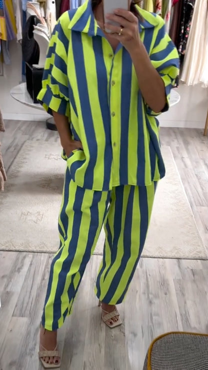 Women's Striped Print Casual Suit With Lapel