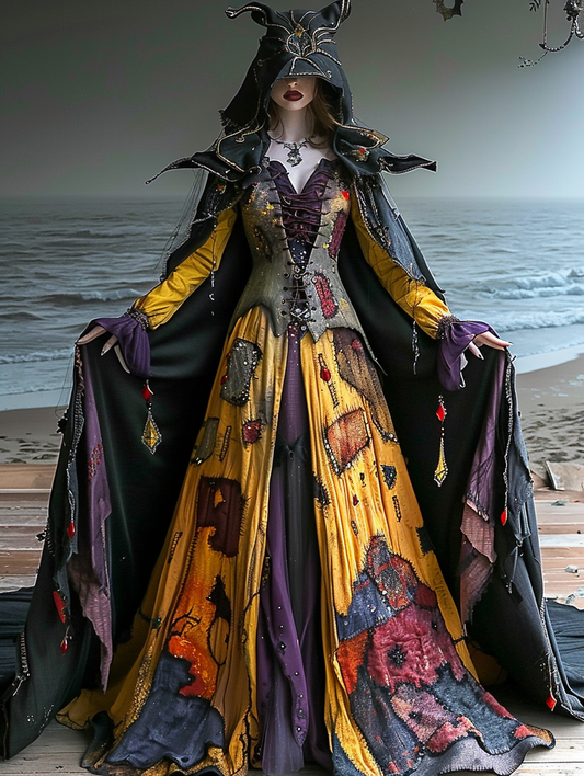WOMEN'S HALLOWEEN PARTY CONTRAST COLOR LOOSE WIDE SLEEVE CAPE DRESS d9b1