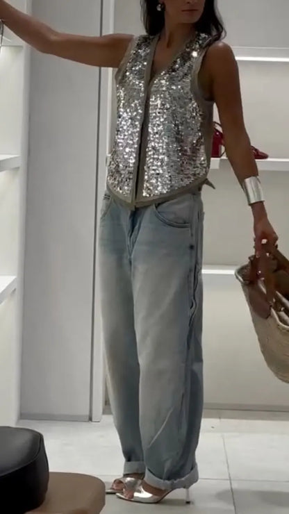 Silver Sequin Vest and Denim Outfit
