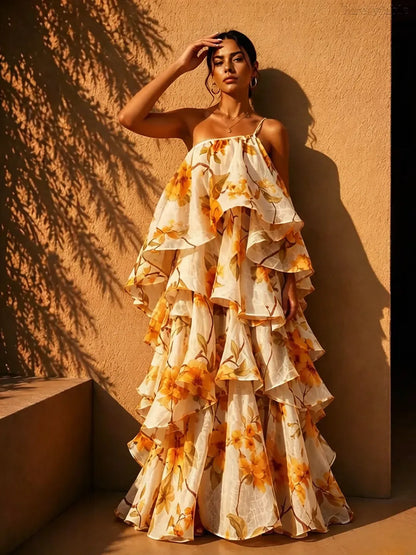 Yellow Floral Print One Shoulder Ruffle Hem Maxi Dress
