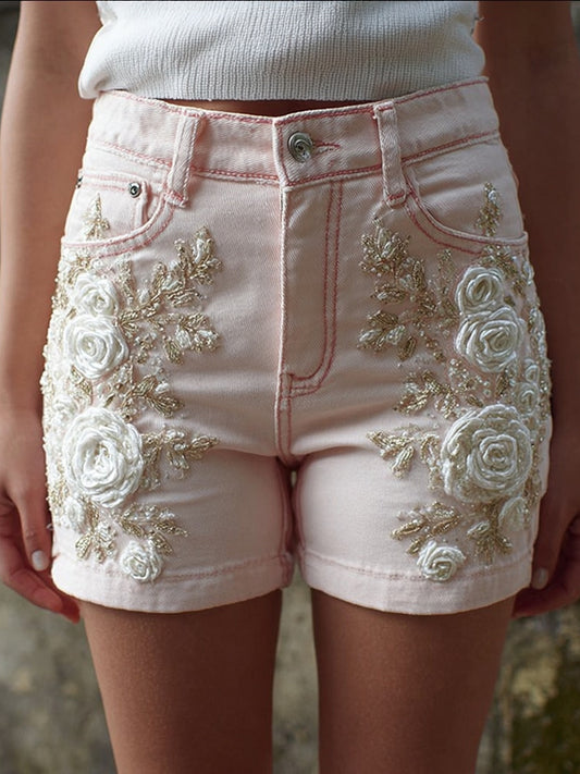 Vintage White Roses Embroidered Pink Denim Shorts