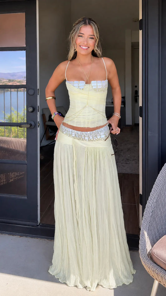 Beaded Pleated Chiffon Maxi Dress Set