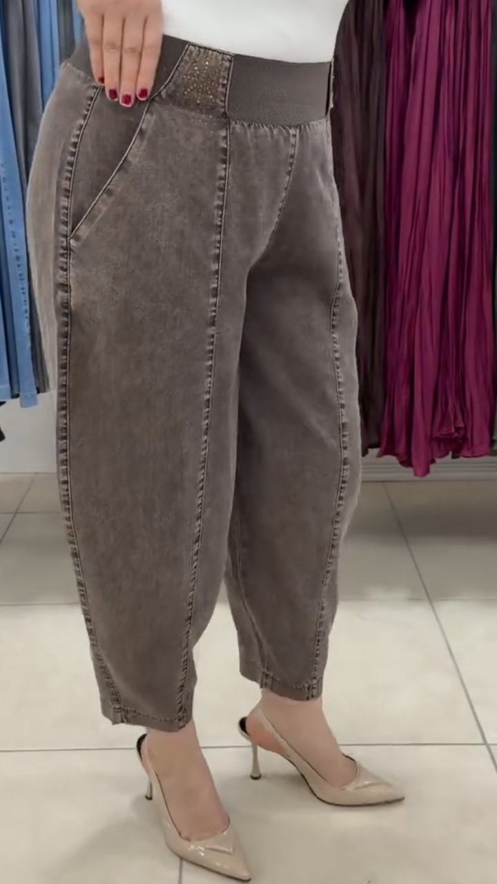 Washed Brown Elastic Waist Harem Pants