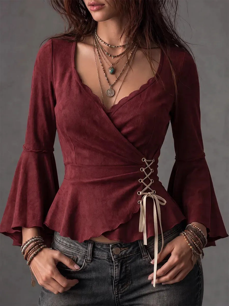 Romantic Faux Suede Lace-Up Bell Sleeve Top