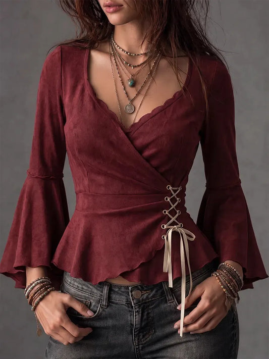 Romantic Faux Suede Lace-Up Bell Sleeve Top