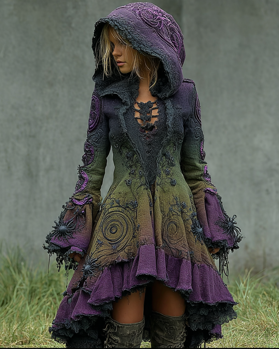 Halloween Themed Irregular Gradient Embroidered Lace Patchwork Hooded Dress 00f2