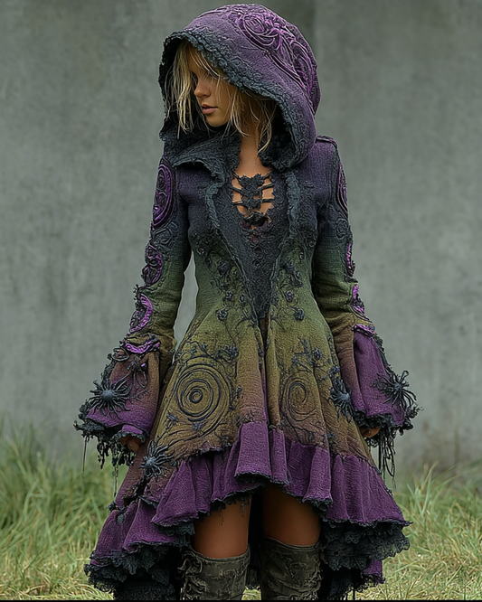 Halloween Themed Irregular Gradient Embroidered Lace Patchwork Hooded Dress 00f2