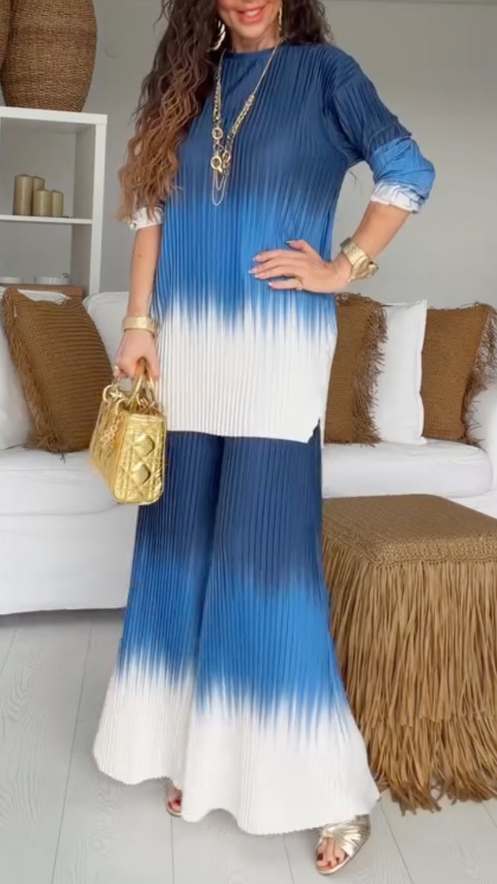 Women's Round Neck Pleated Gradient Casual Suit