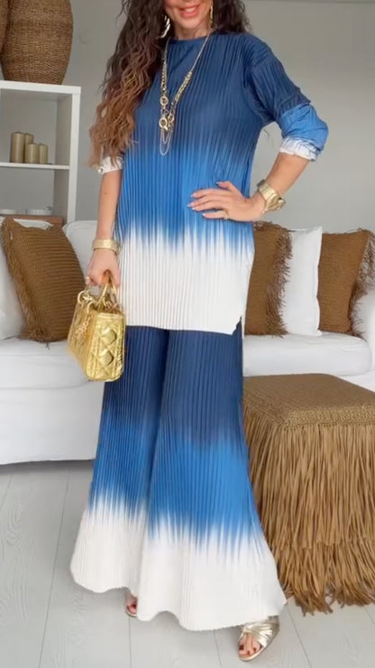 Women's Round Neck Pleated Gradient Casual Suit