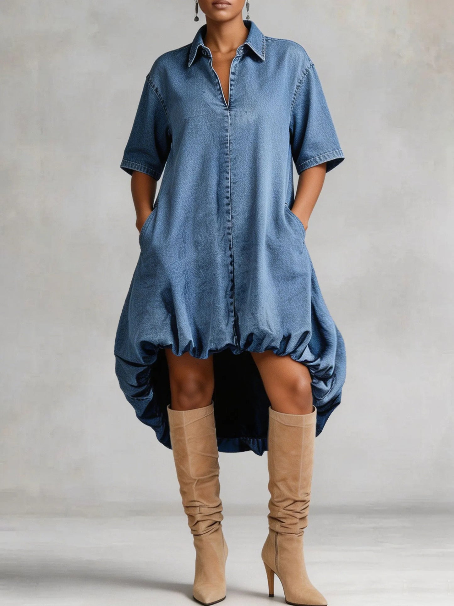 Women’s Short Sleeve Bubble Hem Irregular Denim Shirt Dress With Side Pockets