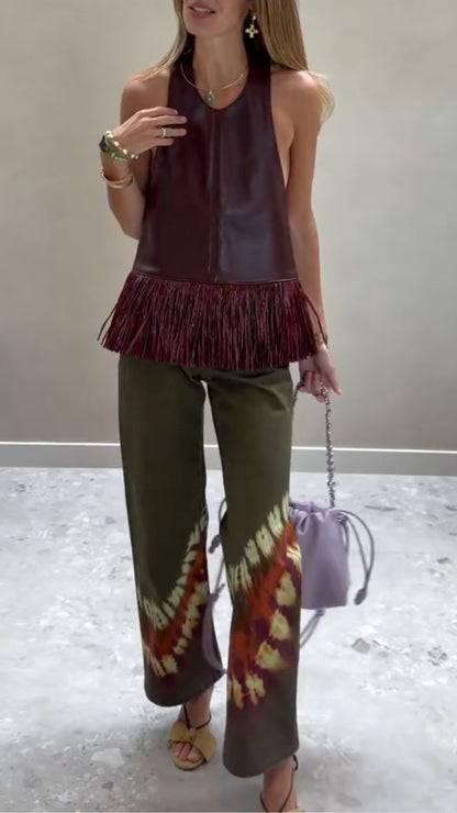 Maroon Leather Fringe Halter Top & Tie-Dye Pants