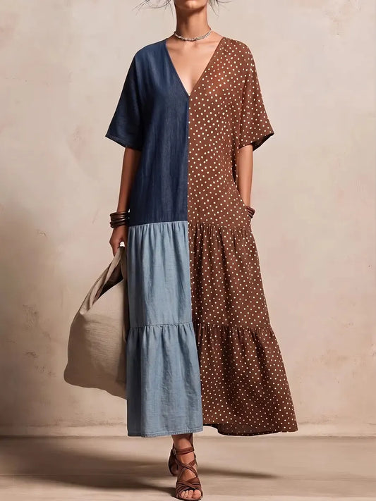 Chic Spliced Denim & Polka Dot Tiered Maxi Dress