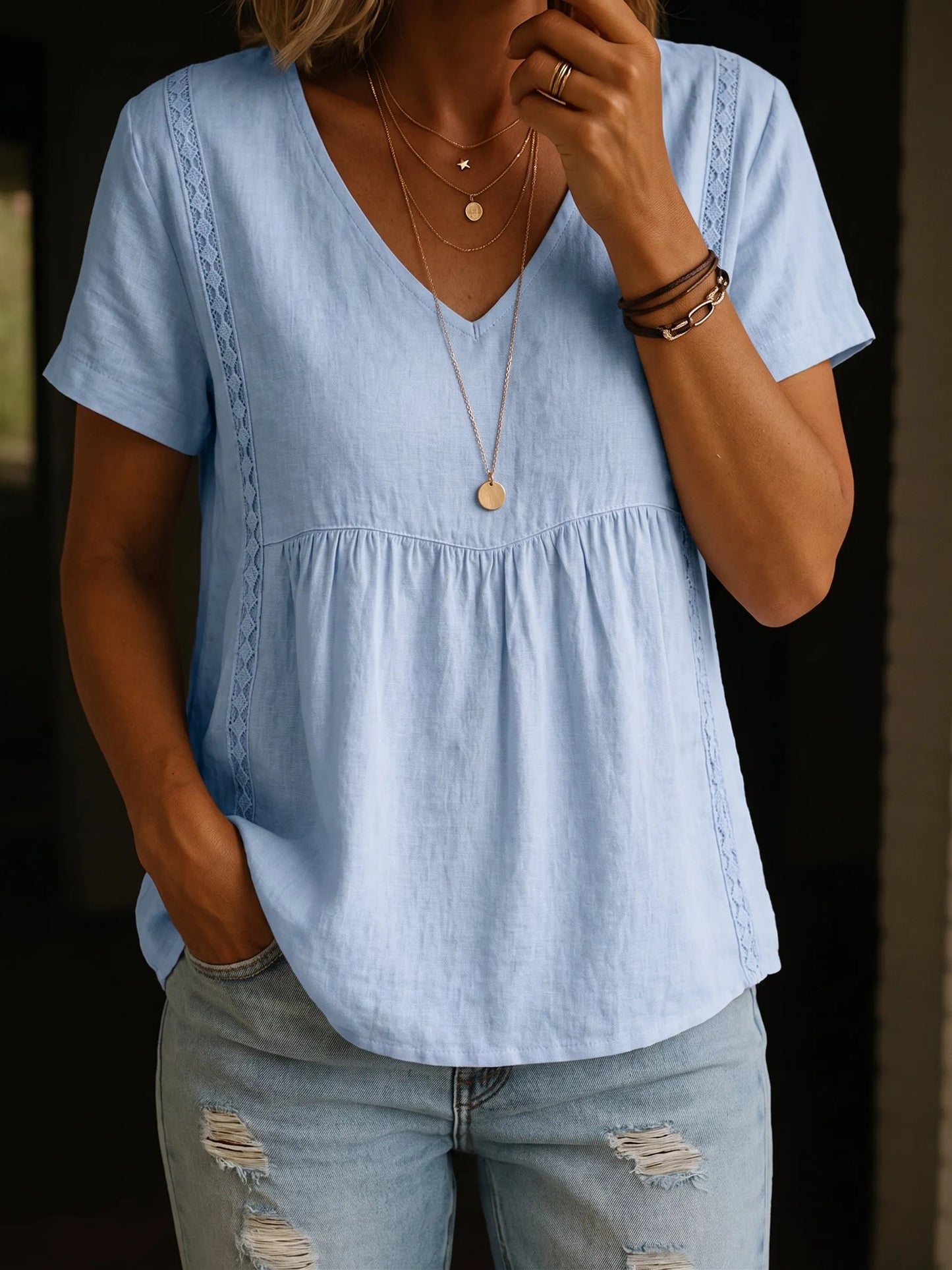 Minimalist Short-sleeve Linen-cotton Blend Top With Lace Trim Detailing