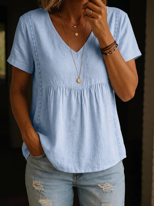 Minimalist Short-sleeve Linen-cotton Blend Top With Lace Trim Detailing