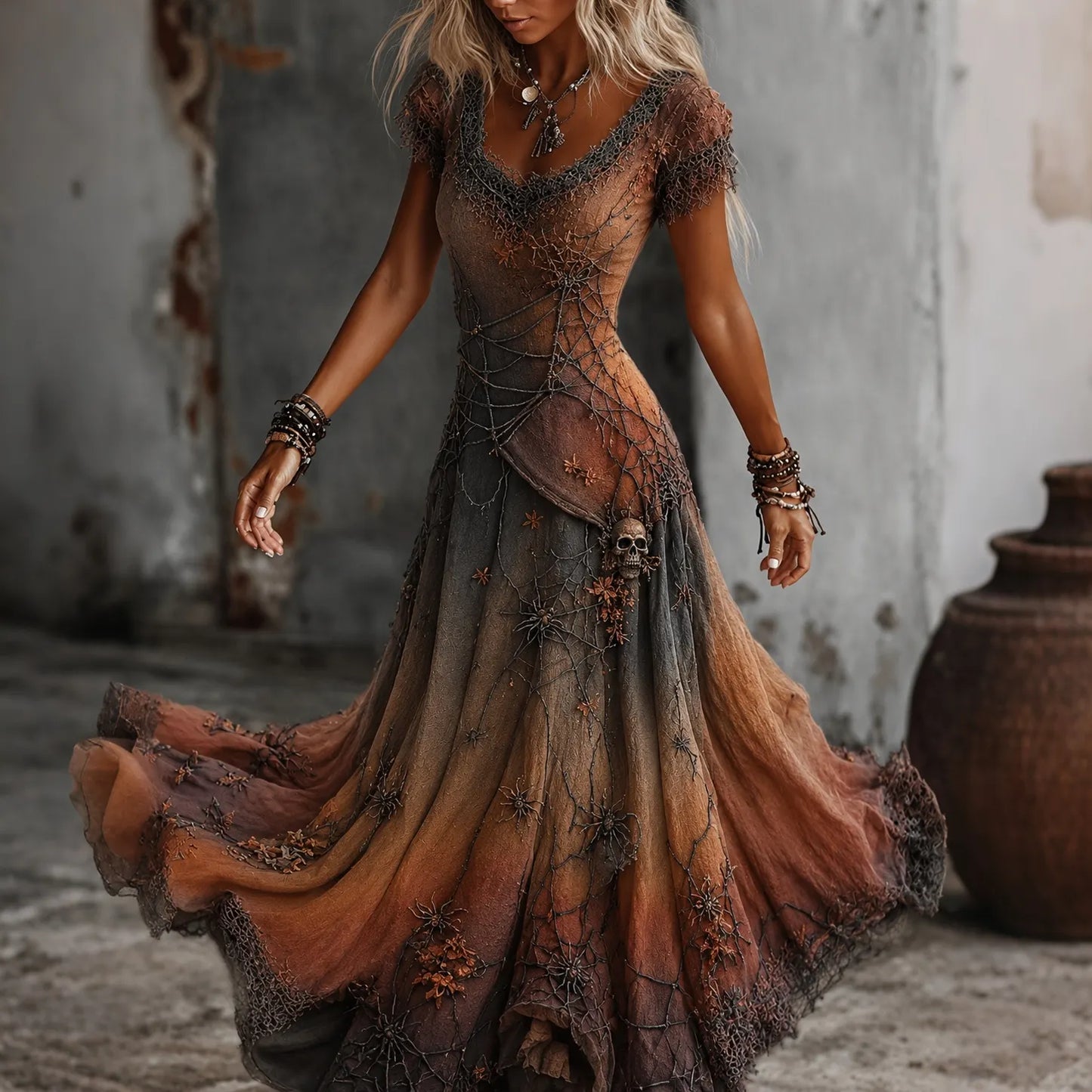 Women's Retro Gothic Spiderweb And Skull Lace Print Short-sleeve Mixi Dress