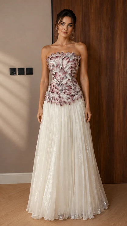 Strapless Gradient Floral Applique Pleated Tulle Evening Dress