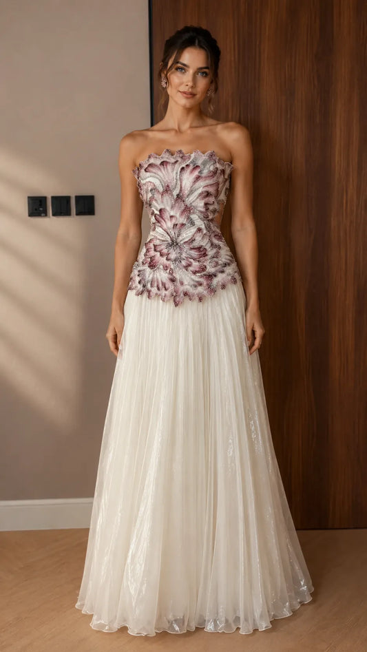 Strapless Gradient Floral Applique Pleated Tulle Evening Dress